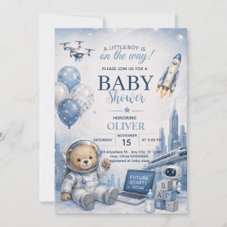 Astronaut Teddy Bear Jongens Baby Shower Uitnodigi Kaart