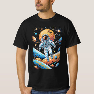 Astronaut verdwaald in ruimte omringd door planete t-shirt