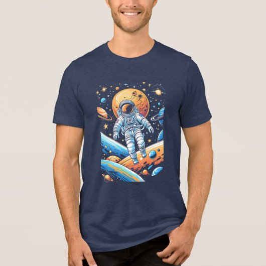 Astronaut verdwaald in ruimte omringd door planete Tri-Blend shirt (Voorkant)