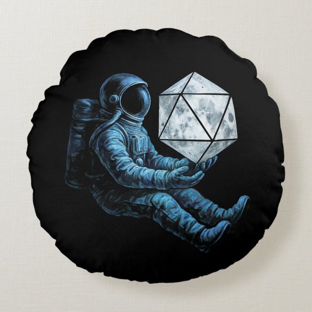 Astronaut with Moon Dice Rond Kussen (Voorkant)
