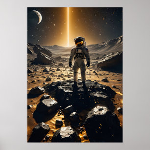Astronaut zweeft boven gloeiende gouden asteroïden poster