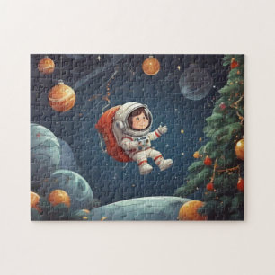 Astronaut zweeft rond kerstboom legpuzzel