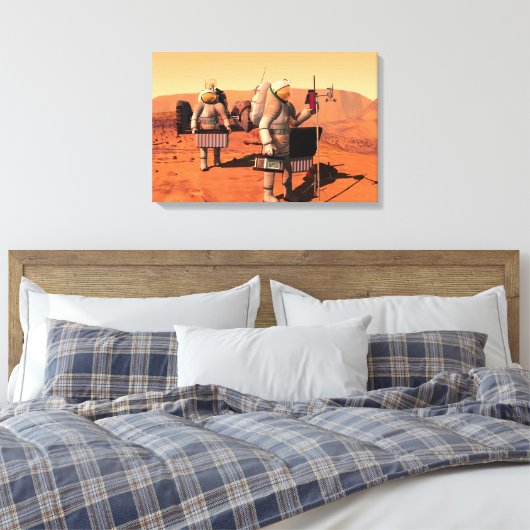 Astronauten zetten weerapparatuur op Mars in. Canvas Afdruk (Insitu (Slaapkamer))