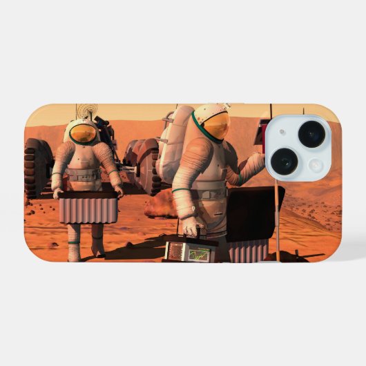Astronauten zetten weerapparatuur op Mars in. iPhone 15 Hoesje (Achterkant horizontaal)