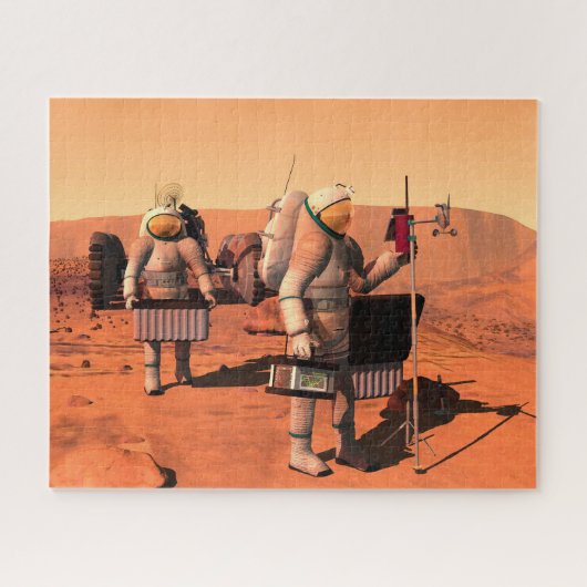 Astronauten zetten weerapparatuur op Mars in. Legpuzzel (Horizontaal)
