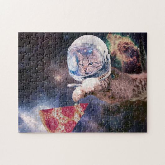 Astronautkat jaagt op een pizza stuk legpuzzel (Horizontaal)