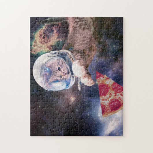Astronautkat jaagt op een pizza stuk legpuzzel (Verticaal)