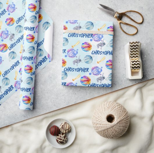 Astronauts Waterverf Space Boy Aangepaste naam Cadeaupapier (Crafts)