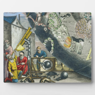 Astronomen die door een telescoop kijken, detail v fotoplaat