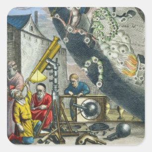 Astronomen die door een telescoop kijken, detail v vierkante sticker
