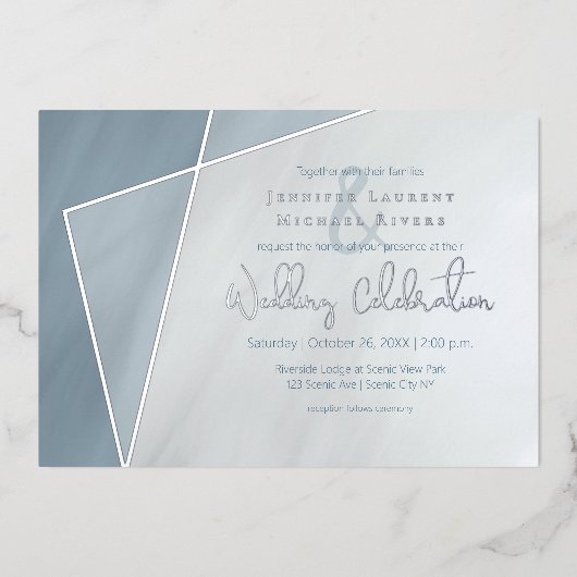 asymmetrisch lijst dusty blue bruiloft met zilver folie uitnodiging (Voorkant)