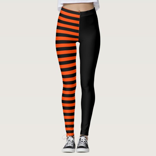 Asymmetrisch Zwart en Sinaasappel Gestreept Leggings (Voorkant)
