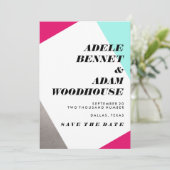 Asymmetrische Hot Pink & Turquoise Save the Date (Staand voorkant)