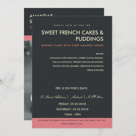 ATELIER PHOTO NOIR ROSE MODERNE INVITATION MODÈLE (Devant / Derrière)