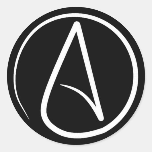 Atheïstisch symbool: wit op zwart ronde sticker (Voorkant)