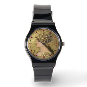 ATHENA PORTRAIT MET GOLDEN HELMET, GRIFFINS, RUBY HORLOGE