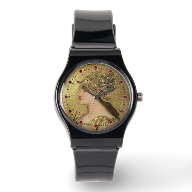 ATHENA PORTRAIT MET GOLDEN HELMET, GRIFFINS, RUBY HORLOGE (Voorkant)