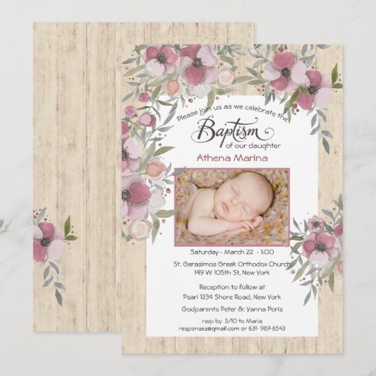 Athena Wood Baptism Invitation Kaart (Voorkant / Achterkant)