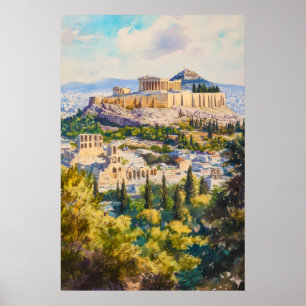 Athens Aquarel Poster Nationaal Park Vintage Ski