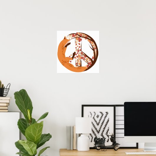 Atistic Fox Peace Sign Autumn Leaves Tree Poster (Thuiskantoor)