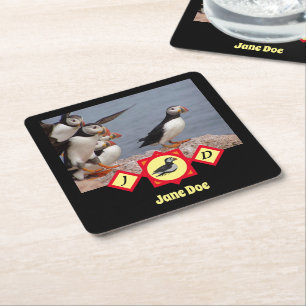 Atlantic Puffin Swimming Cartoon Monogram Foto Vierkante Kartonnen Onderzetter