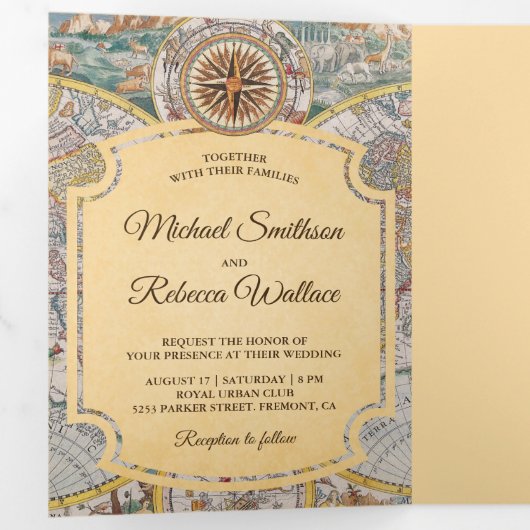 Atlas Wereldkaart Reizen Avontuur Bruiloft Drieluik Uitnodiging (Binnenzijde eerst)