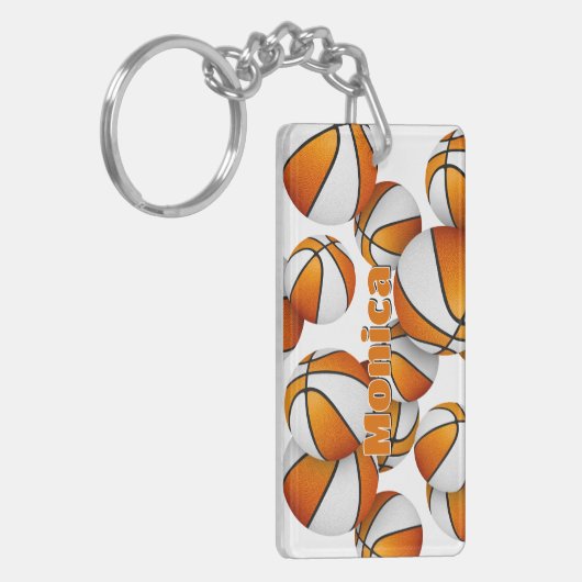 Atleet naam cluster van oranje witte basketballen sleutelhanger (Voorkant Links)
