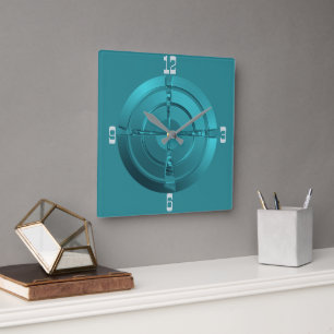 Atmosferisch ruimteontwerp in turquoise wandklok vierkante klok