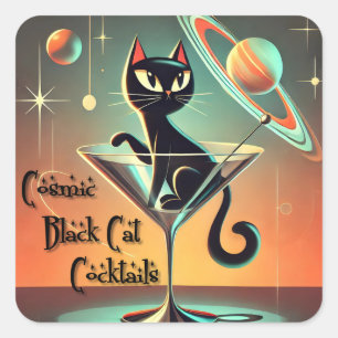Atomaire Futuristische Kosmische Zwarte Kat Cockta Vierkante Sticker