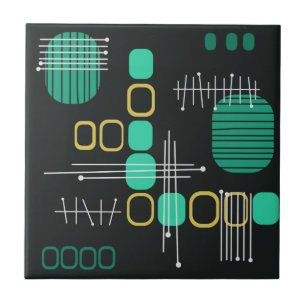 Atomic Abstract Barkcloth Black Turquoise Tegeltje
