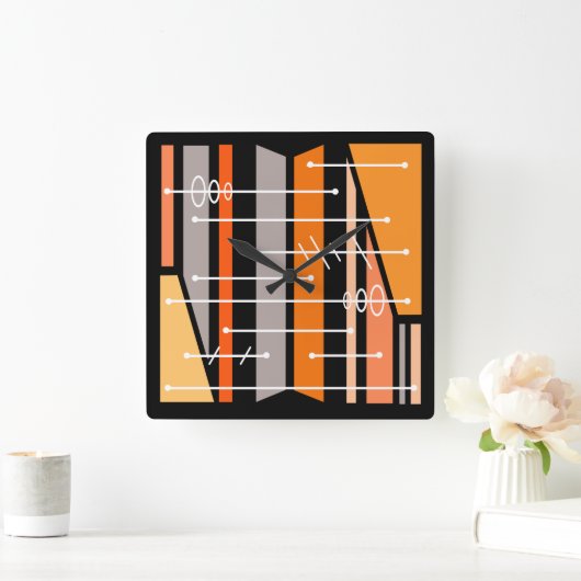 Atomic Abstract Geometric Art Zwart Sinaasappel Vierkante Klok (Huis)