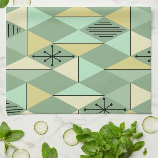 Atomic Age Art Diamonds Mint Green Yellow Theedoek (Gevouwen)