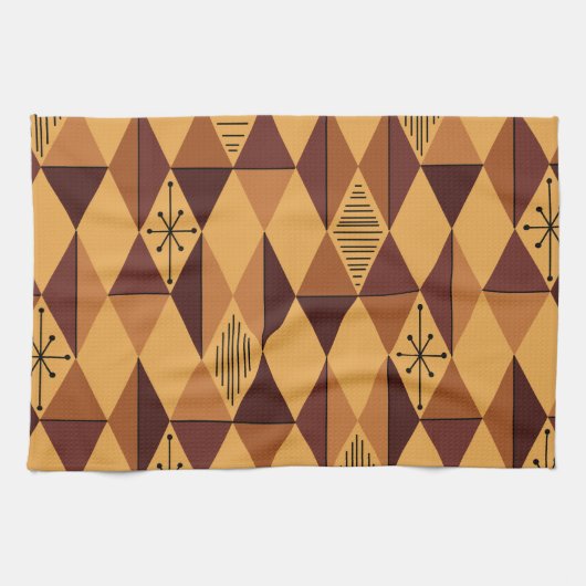 Atomic Age Art Diamonds Ochre Maroon Theedoek (Horizontaal)