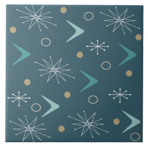 Atomic Age Boomerangs Starbursts Blauwgroen Gold Tegeltje