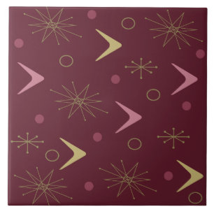Atomic Age Boomerangs Starbursts Donkerrood Goud Tegeltje