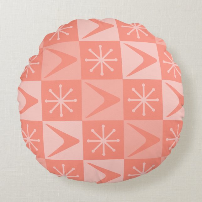 Atomic Age Checkered Boomerangs Peach Rond Kussen (Voorkant)