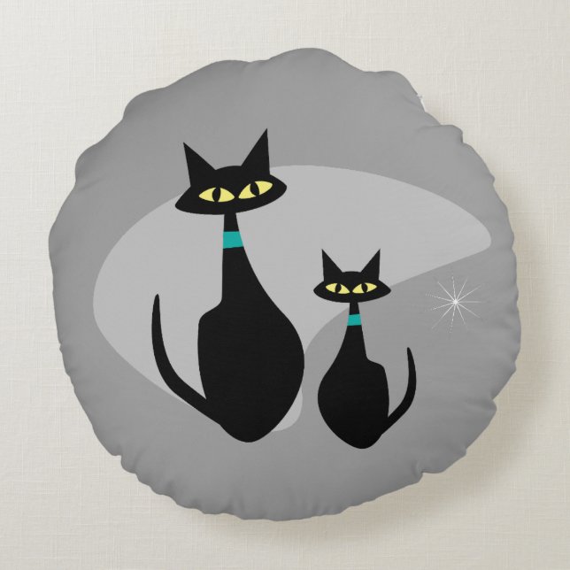 Atomic Age MCM Retro Cat 1950's aangepaste kleur Rond Kussen (Achterkant)