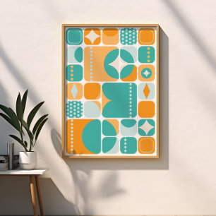 Atomic Age Mid Century Abstract Blauwgroen, Aqua, Perfect Poster