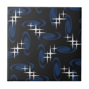 Atomic Age Swirls Stars Pattern Blue Tegeltje