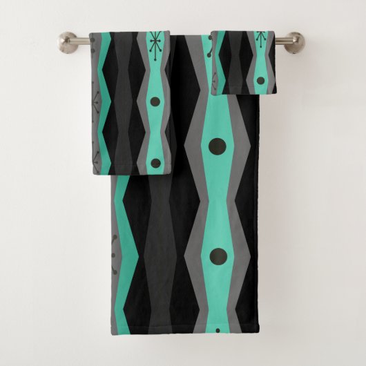Atomic Era Abstract Columns Black Turquoise Bad Handdoek (Insitu)