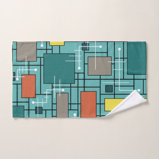 Atomic Era Abstracte lijnen Boxes Turquoise Handdoek (Handdoek)