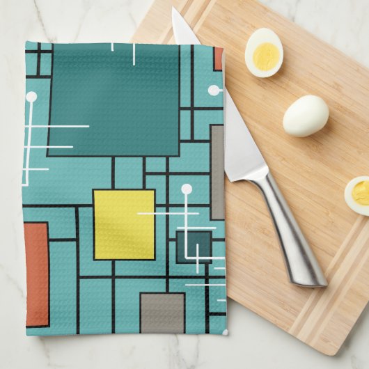 Atomic Era Abstracte lijnen Boxes Turquoise Theedoek (Quarter Fold)