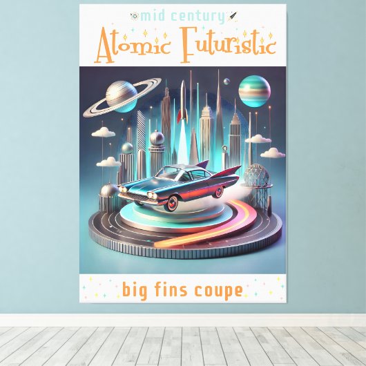 Atomic Futuristic Big Fins Coupe Car Canvas Afdruk (Insitu (Houten vloer))