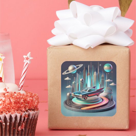 Atomic Futuristic Big Fins Coupe Car Vierkante Sticker (Feest)