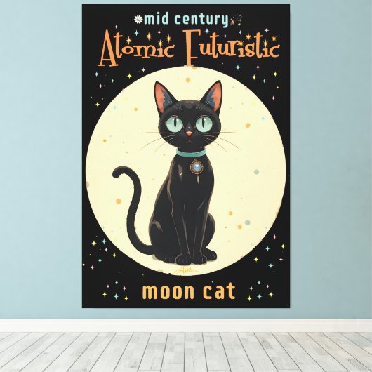 Atomic Futuristic Black Cat Moon met tekst Canvas Afdruk (Insitu (Houten vloer))
