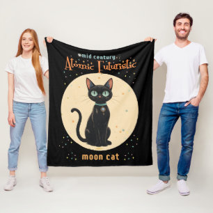 Atomic Futuristic Black Cat Moon met tekst Fleece Deken