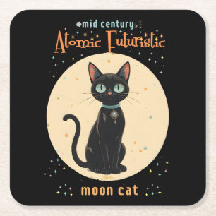 Atomic Futuristic Black Cat Moon met tekst Vierkante Kartonnen Onderzetter