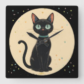 Atomic Futuristic Black Cat Moon Vierkante Klok (Voorkant)