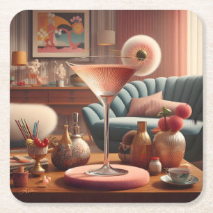 Atomic Futuristic Cherry Blossom Martini Vierkante Kartonnen Onderzetter