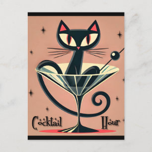 Atomic Futuristic Space Age Black Cat Martini Briefkaart
